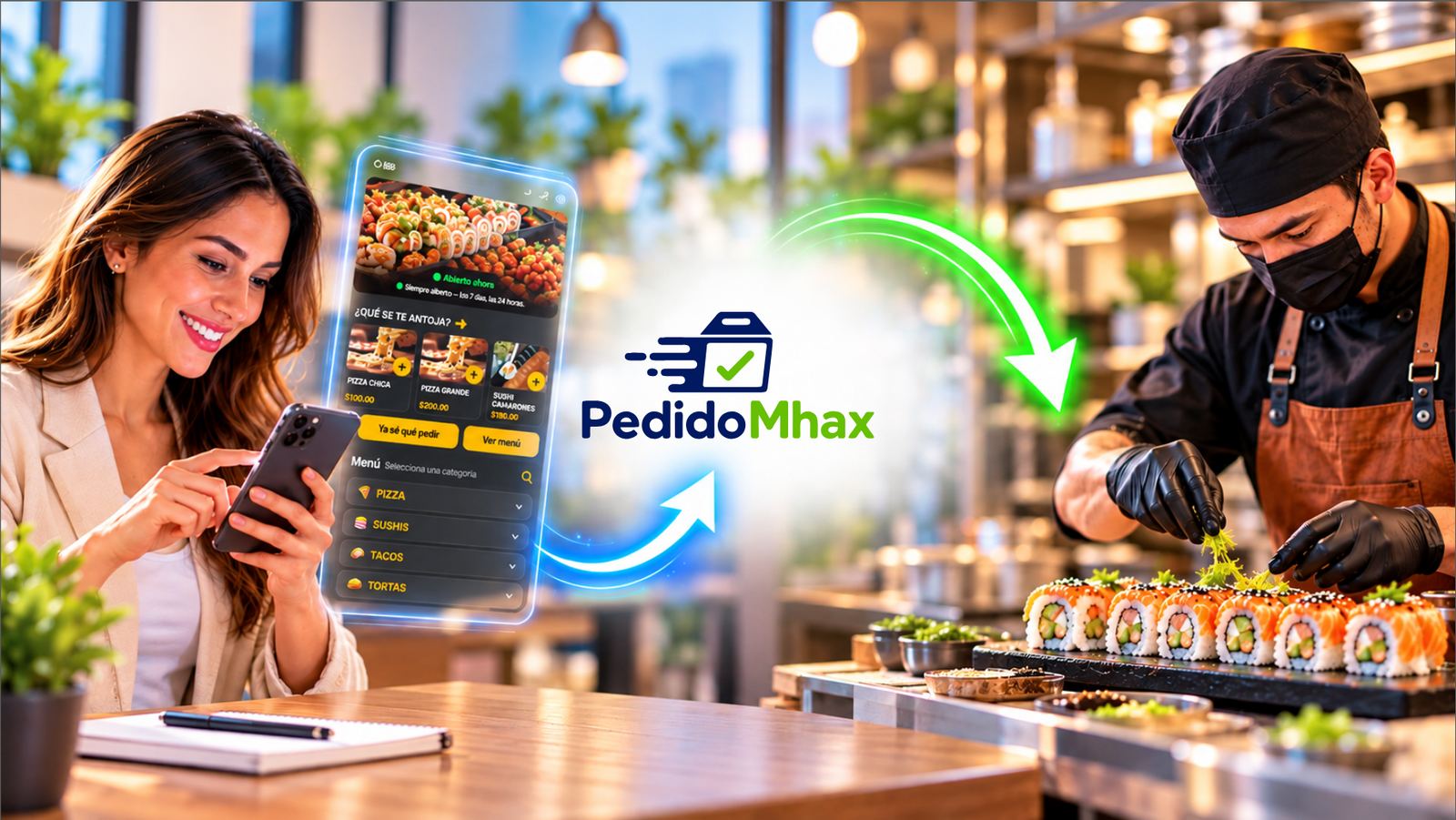 Cliente pidiendo por WhatsApp con PedidoMhax mientras un cocinero prepara sushi en la cocina