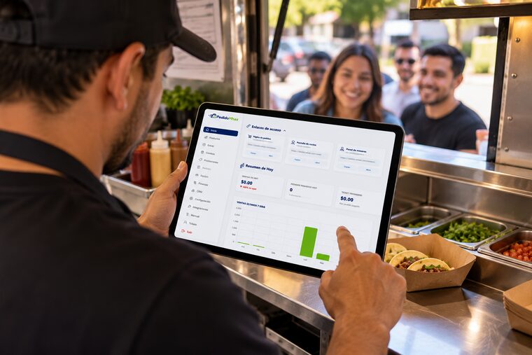 Tablet con el panel de cocina y meseros de PedidoMhax en un negocio de comida
