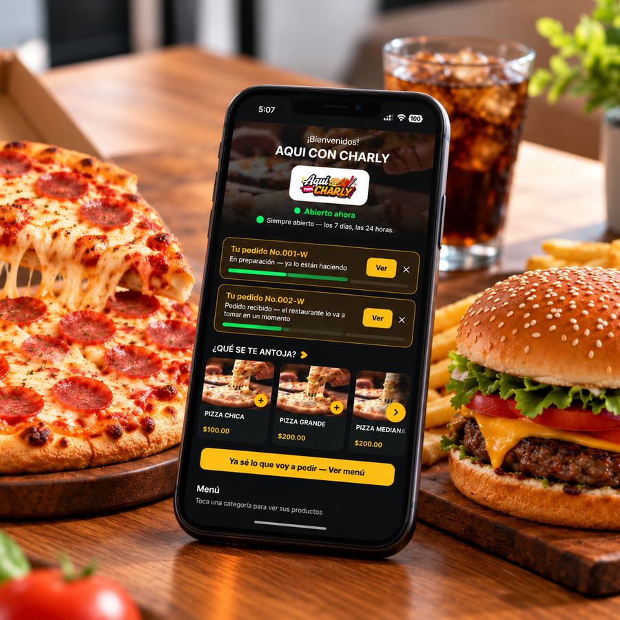 Pantalla de pedidos por WhatsApp de PedidoMhax en un celular, junto a pizza, hamburguesa y tacos